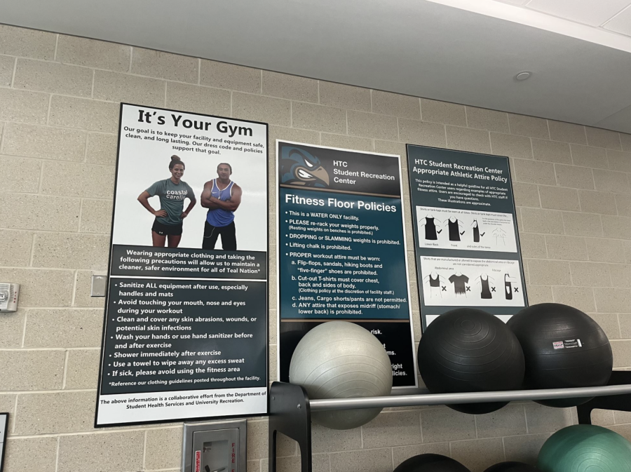 Around the gym facility in the HTC Center, helpful guidelines are posted to remind students what appropriate attire is.