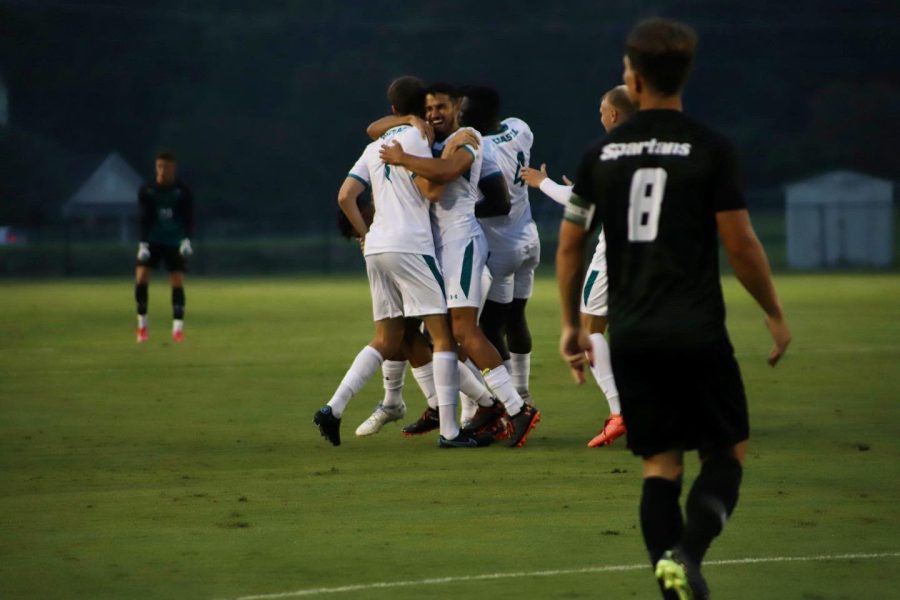 Coastal Carolina Men’s Soccer celebrates a goal against USC Upstate.