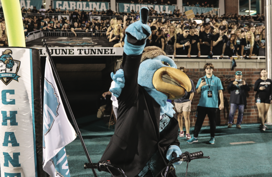 CCU mascot Chauncey cheers on the football team during the battle against Appalachian State University.