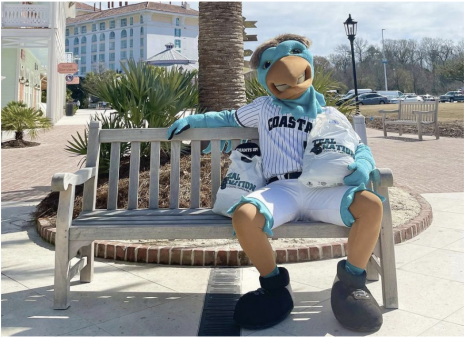 Coastal Carolina University mascot Chauncey sits outside the Teal Nation Store in Broadway at the Beach.