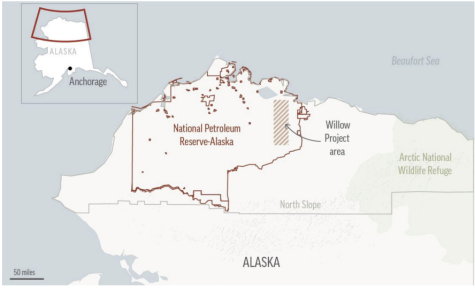 Map locates the Willow oil-drilling project in Alaska’s Western Arctic,
which the Biden administration approved March 13.