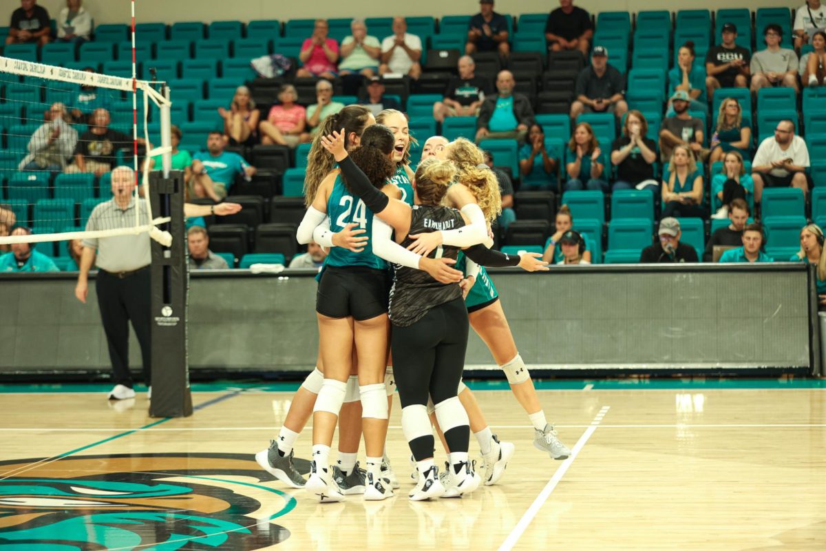 The womens volleyball team celebrates a point during their match against the University of North Carolina Wilmington Sept. 12.