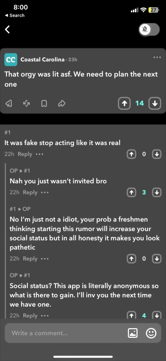 A screenshot shows a debate between YikYak users if the Eaglin orgy happened or not. One user said, It was fake stop acting like it was real. Another user chimed in with, Nah you just wasnt invited bro. 