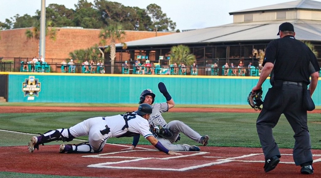 Catcher Derek Bender tags a Georgia
Southern University runner during the
Chanticleers previous season on April 7,
2023.
