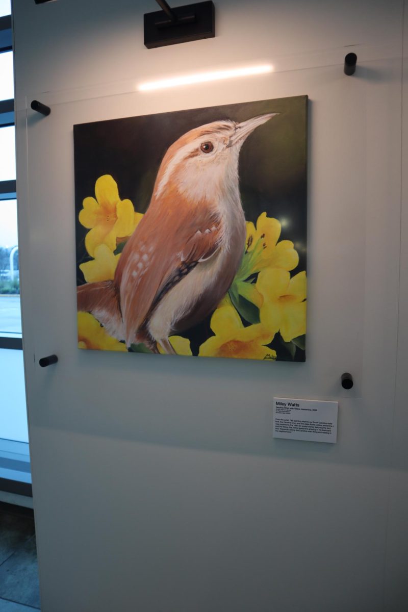 Close-up of first place painting Carolina Wren by Miley Watts. 