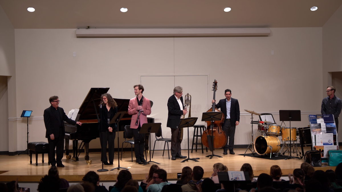 From Sadies Birthday Adventures, performed on March 15. Left to right: Stevie Martinez, double bass; Chris Connolly, bass trombone; Eric Schultz, clarinet; Amanda Harberg, narrator; Philip Powell, piano. 