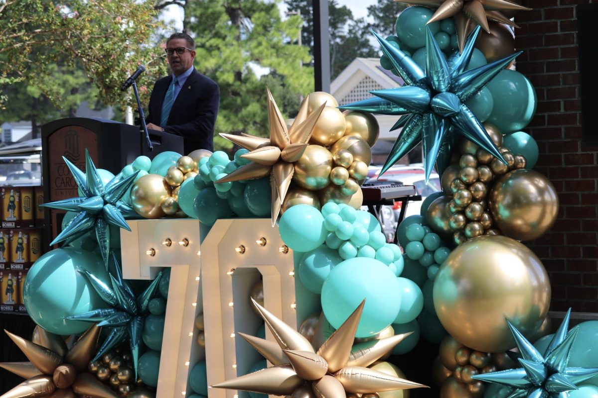 CCU President Michael Benson addresses the crowd at the University's 70th birthday celebration.