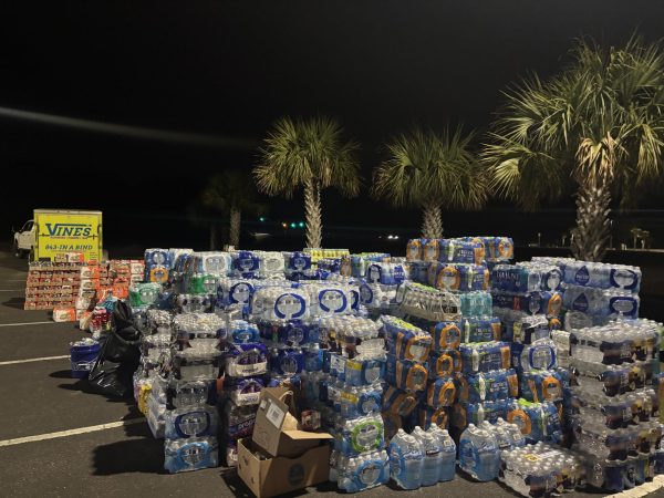 Vines' efforts in donation supplies, mostly bottled water. Photo provided by Brooke Bromberg.