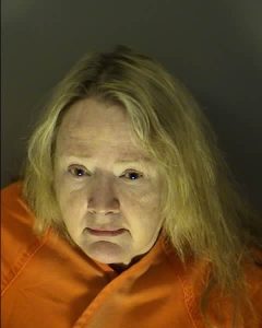 History professor Florence Eliza Glaze sits for a booking photo at J. Reuben Long Detention Center, provided by Horry County Bookings and Releases. 