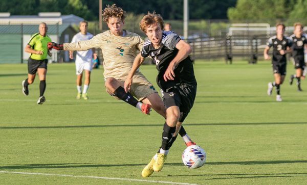 Goalkeeper Harrison Gough exits the goalkeeper box but loses possession to a Wofford Terrier resulting in a goal. 