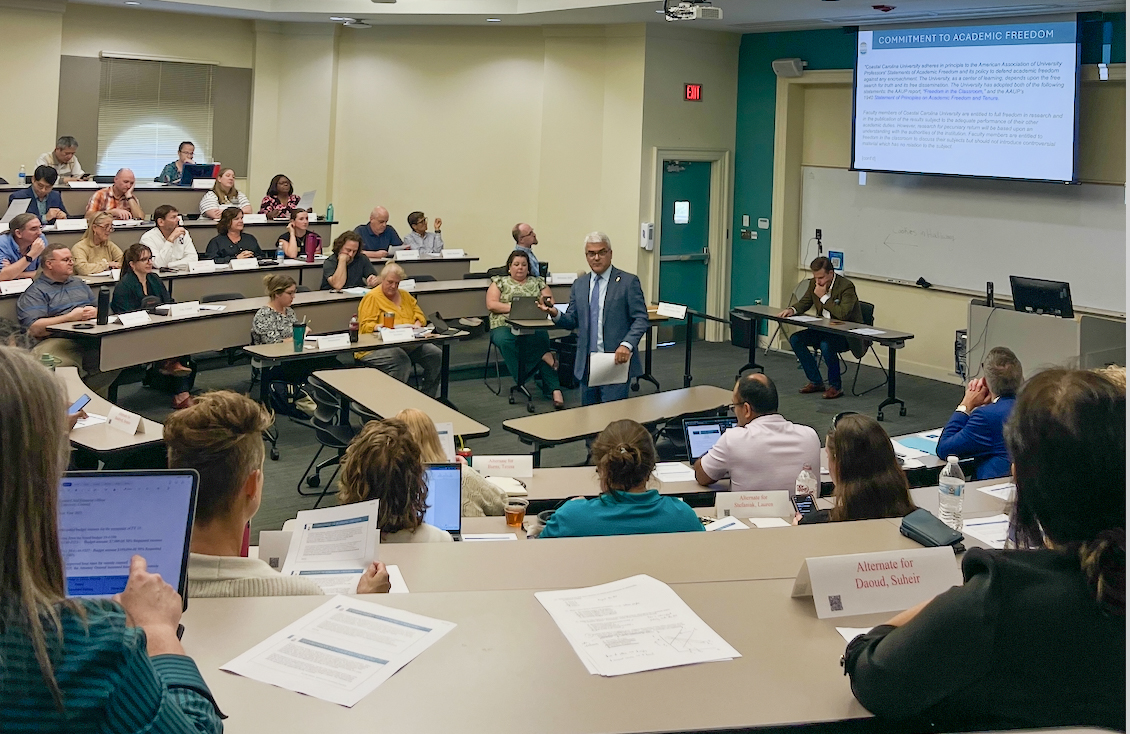 CCU President Winebrake speaks during the faculty senate meeting