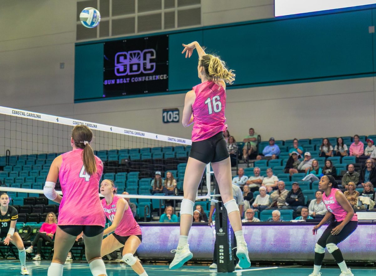 Outside hitter Emily spikes the ball