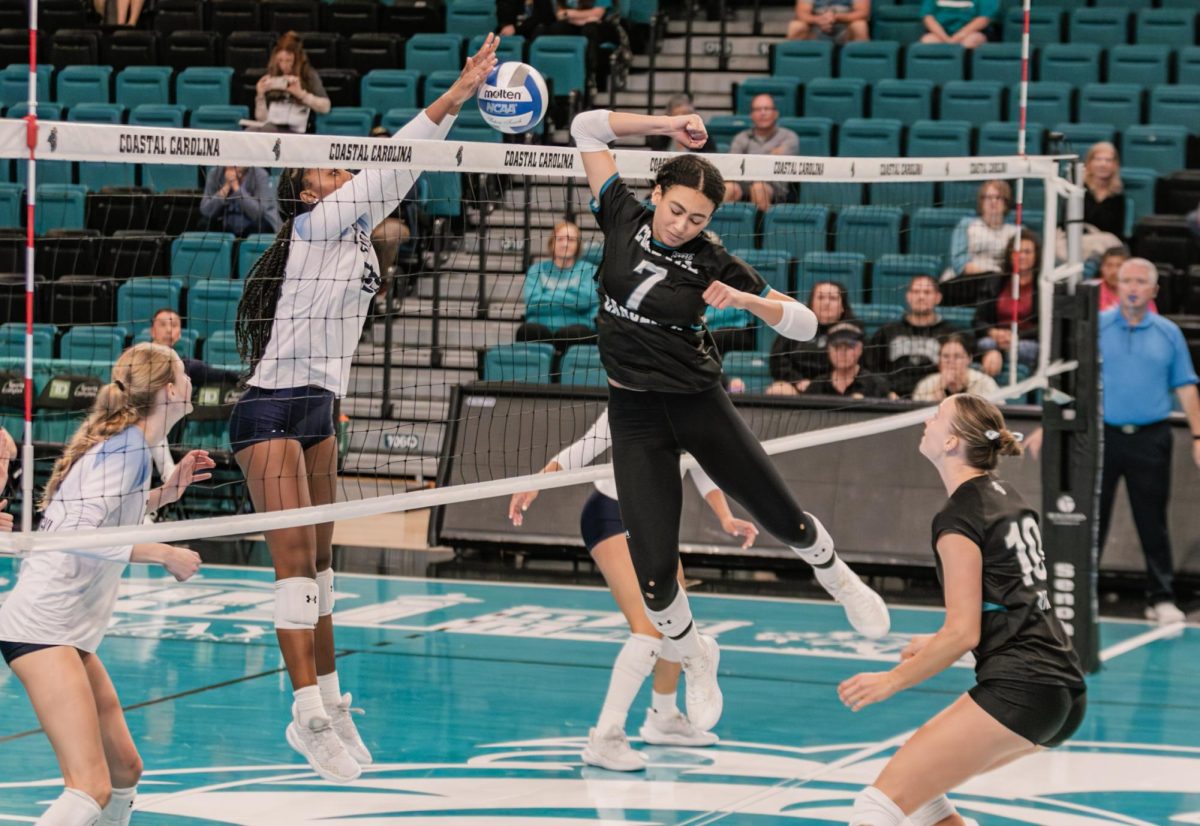 Setter Jalyn Stout blocks the ball