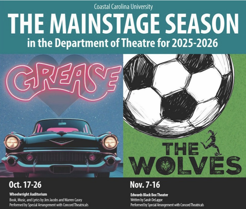 A poster hung in the Edwards College of Fine Arts showcases the Department of Theatre's 
mainstage season productions for 2025-2026, featuring the artwork in question. Graphic courtesy of Coastal Carolina University Department of Theatre Facebook