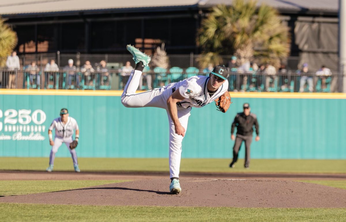 Coastal Carolina RHP Cameron Flukey throws a pitch.