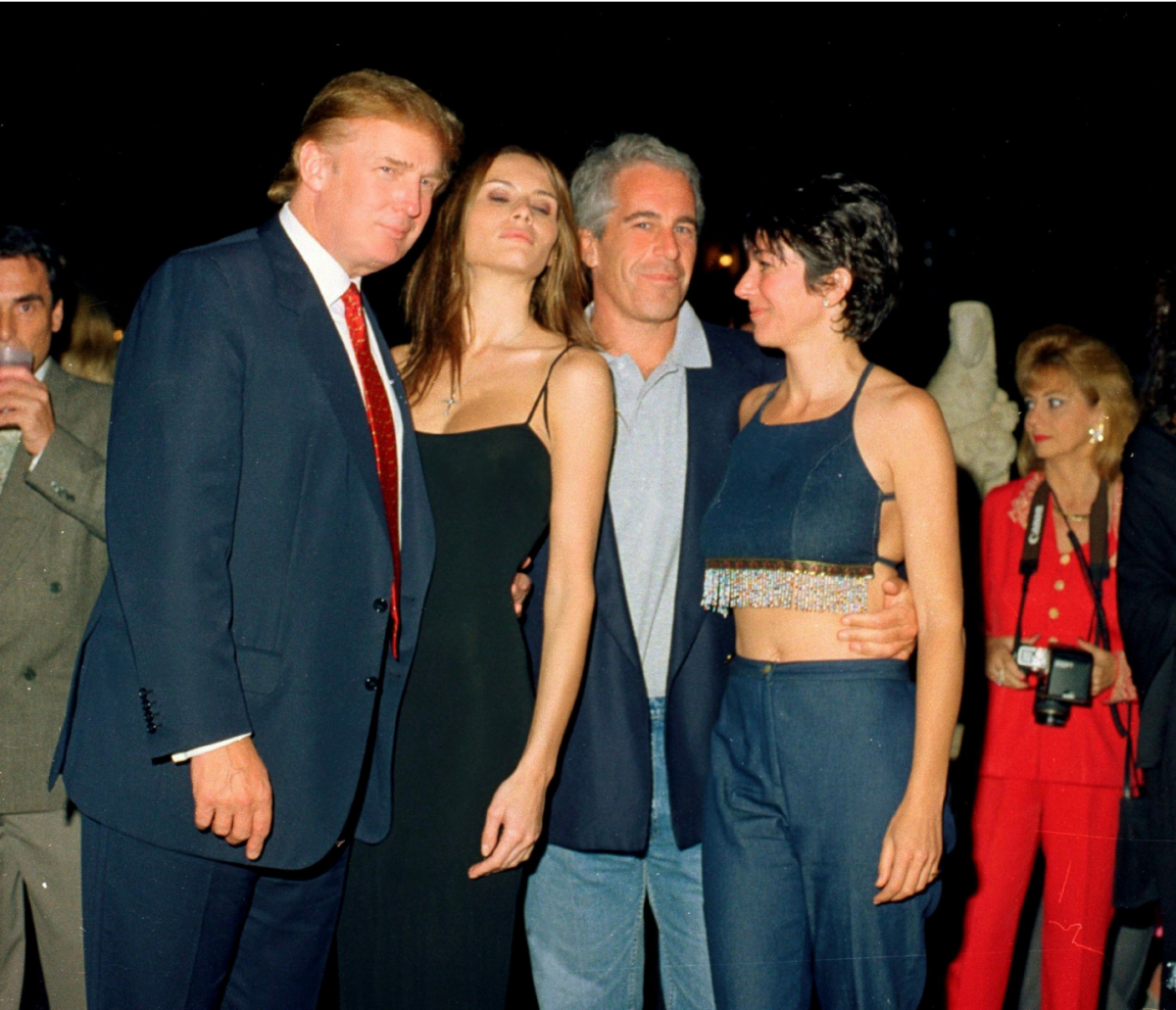 President Donald Trump with Melania Trump, financier Jeffrey Epstein, and accomplice Ghislaine Maxwell at Mar-a-Lago in Palm Beach, Florida, February 12, 2000. Photo courtesy of Newsweek.