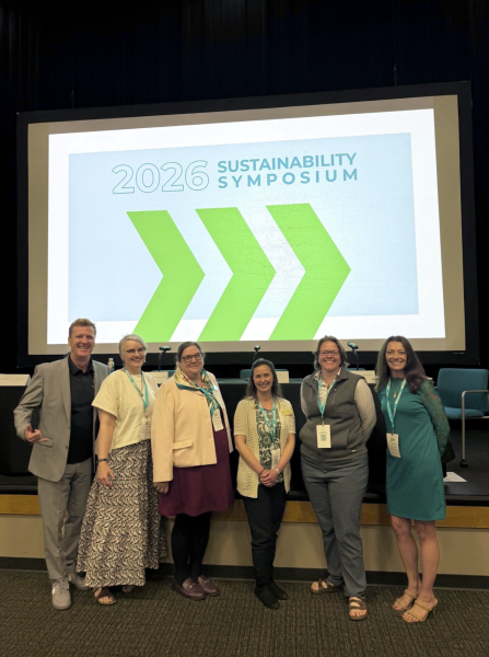 The “Sustaining Our Shared Spaces: Stewardship of Public Lands and the Next Generation” panelists pose for a photo at the Coastal Carolonia University 2026 Sustainability Symposium. From left to right, Harald Barkhoff, Ellen Knutson, Erin O'Hanlon, Dominique Werboff, Aysha Bodenhamer and Pamela Martin smiled for the photo. 
Photo provided by Ellen Knutson.